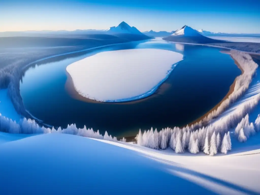 Desolado paisaje siberiano: asteroide se acerca Paisaje desolado de Siberia con lago congelado, árboles nevados y montañas, iluminado por asteroide