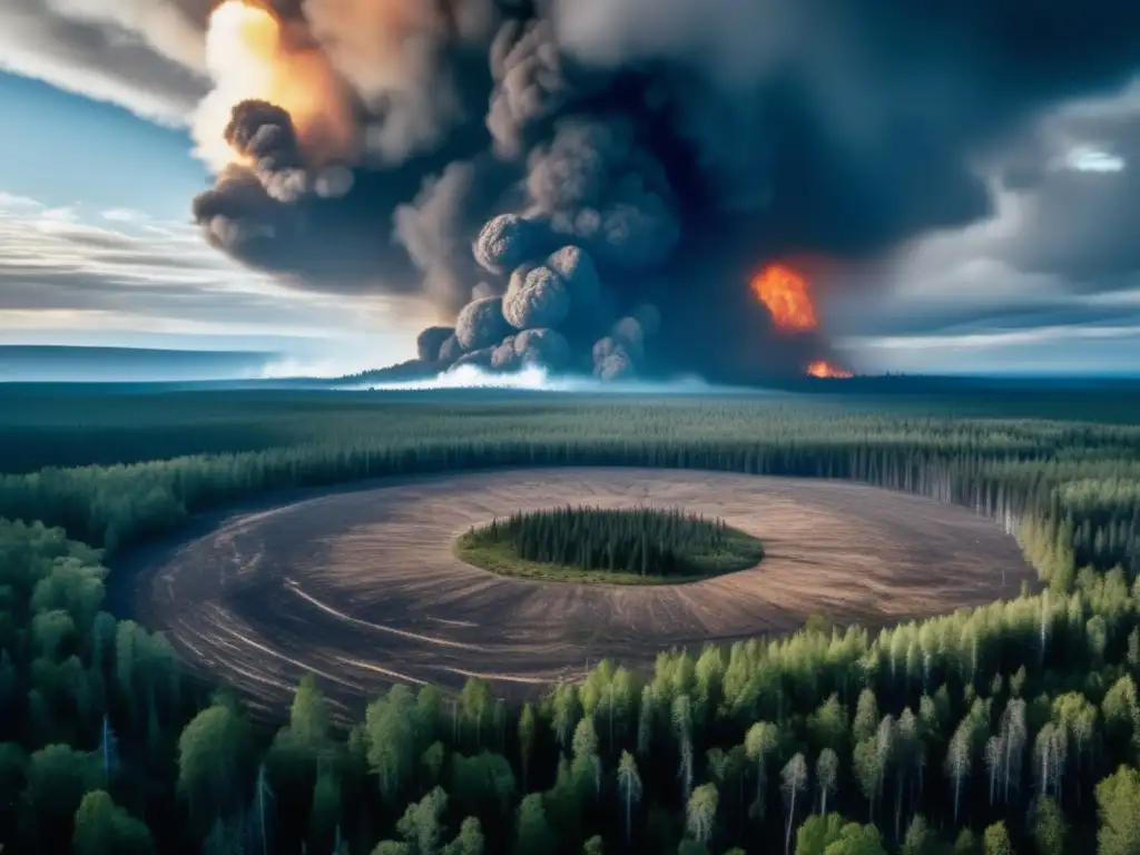 Destrucción y misterio en la Tunguska Paisaje 8k detallado de la catástrofe de Tunguska: árboles caídos, escombros y misterio en un bosque devastado