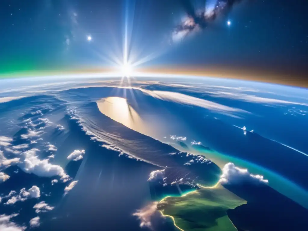 Paisaje espacial con la Tierra como joya y nave minera, simbolizando la minería espacial y la escasez de recursos en la Tierra