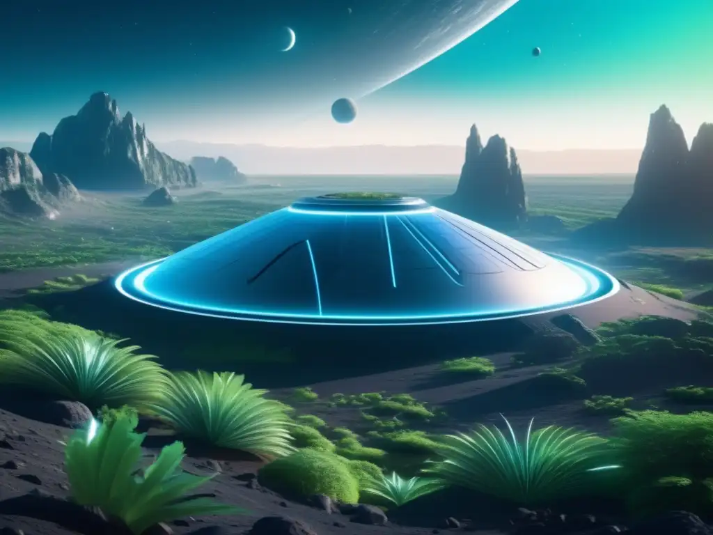 Un paisaje futurista en un asteroide Paisaje futurista en asteroide con microorganismos: solución terraformación