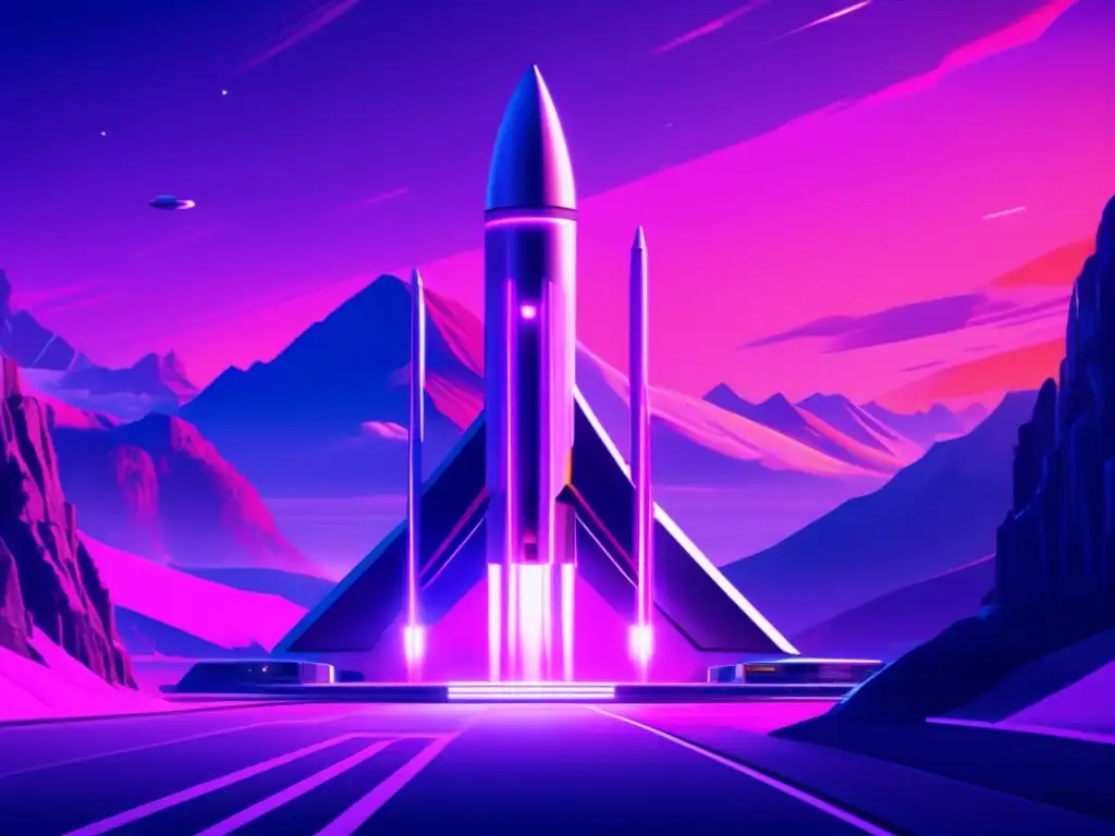 Paisaje futurista de un puerto espacial rodeado de montañas
