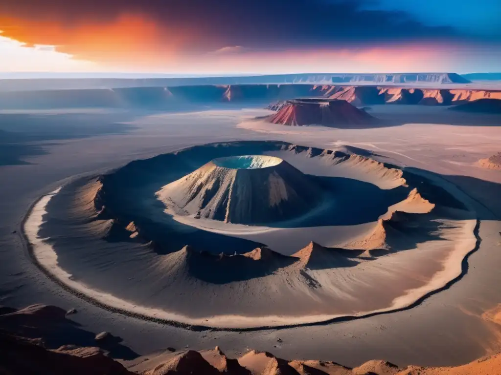 Impresionante paisaje desolado con asteroide en colisión Paisaje impactante: cráter, rocas, acantilados, cielo vibrante y asteroide amenazante