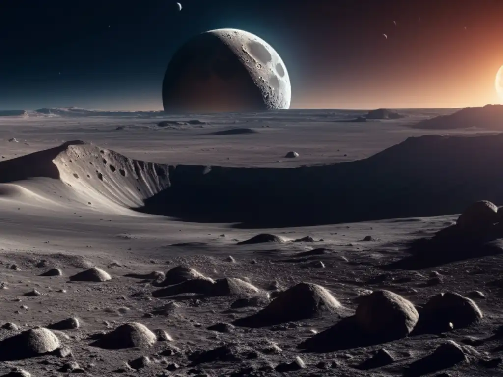 Luna con asteroide gigante en su superficie Paisaje lunar con asteroide incrustado: Exploración de asteroides lunares