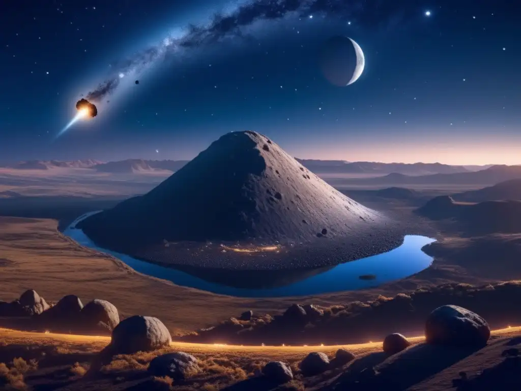 Paisaje nocturno con asteroide iluminado Paisaje nocturno con asteroide amenazante e impacto probable en la Tierra