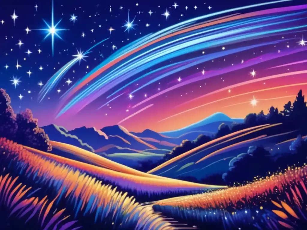 Cielo estrellado con impactos de asteroides Paisaje nocturno con estrellas brillantes y estelas de colores