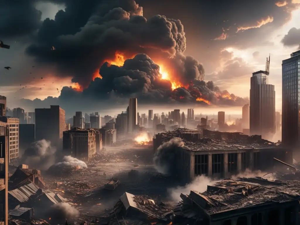 Ciudad postapocalíptica en caos y destrucción Paisaje postapocalíptico tras impacto de asteroide
