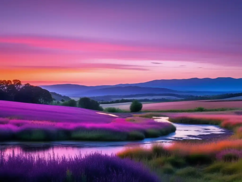 Paisaje sereno al atardecer Paisaje tranquilo al atardecer con colores vibrantes y arboles, reflejando la belleza de la naturaleza