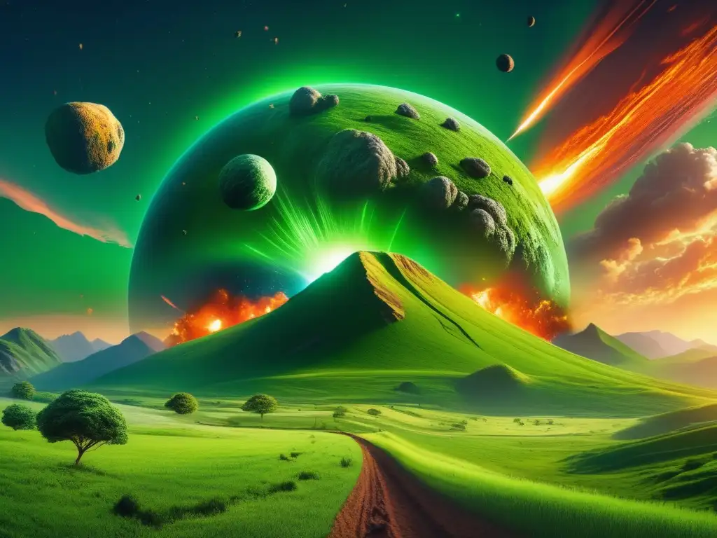Paisaje verde impactante con asteroide y tecnologías emergentes monitorear asteroides