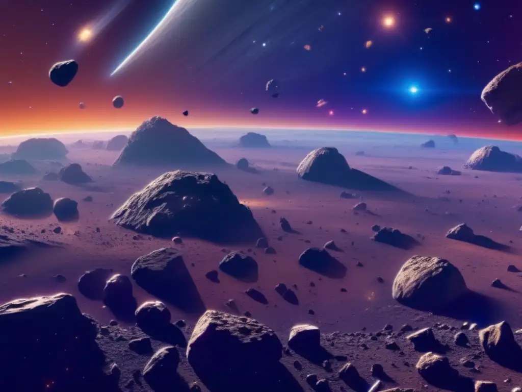 Ultradetalle de campo de asteroides en el espacio Panorama asteroidal en el espacio: beneficios equidad asteroides