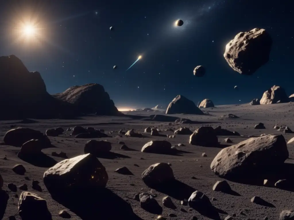 Asteroides brillantes flotando en el espacio Panorama de asteroides en el espacio, con extracción de metales y detalles impresionantes