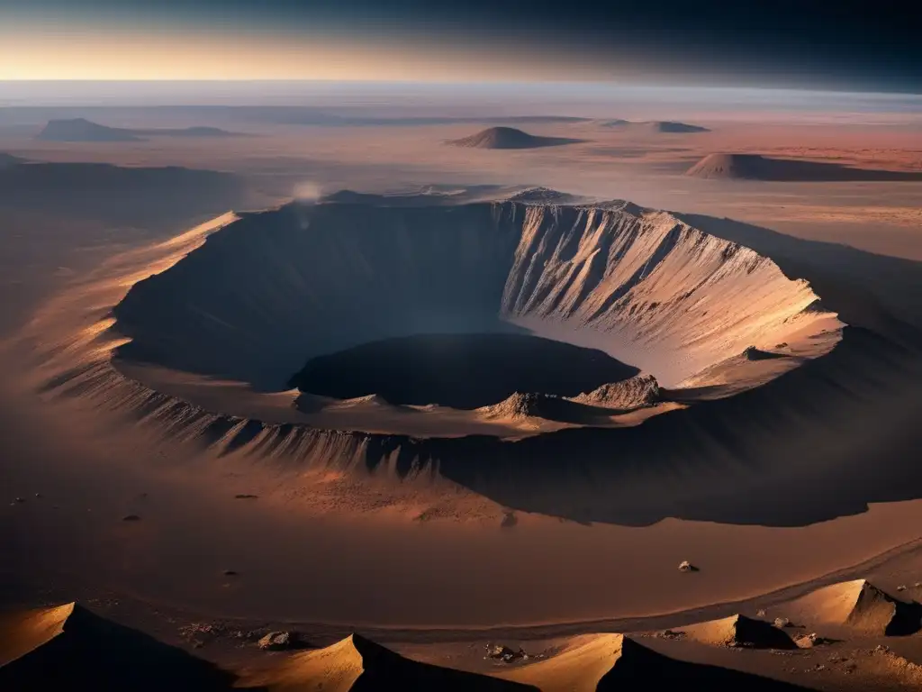 Cráter de asteroides, historia geológica iluminada Panorama de un cráter creado por impacto de asteroide, rodeado de terreno agreste y formaciones rocosas