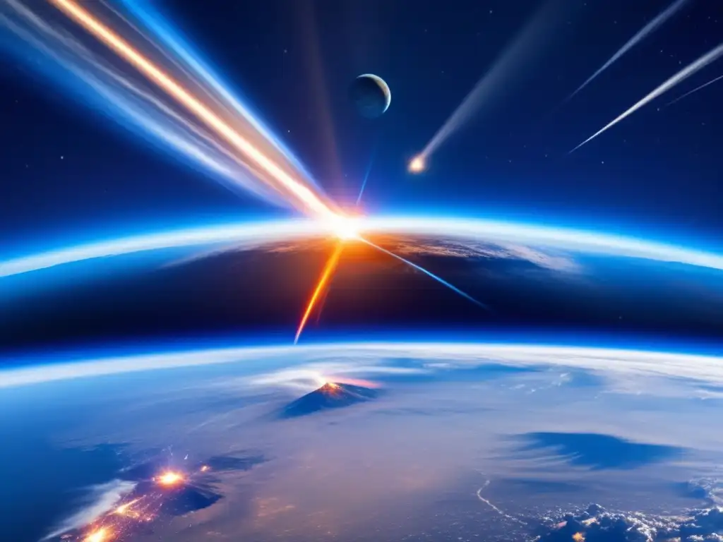 Impresionante vista panorámica de la Tierra desde el espacio Panorama espacio con meteorito: Estrategias defensa planetaria asteroides