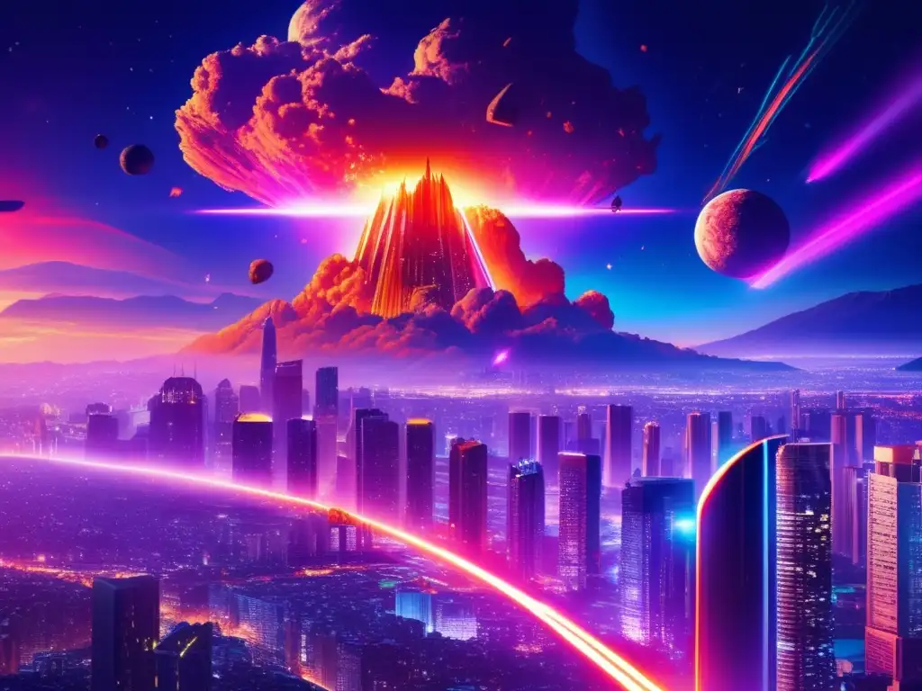 Ciudad futurista bajo amenaza de asteroide Panorama nocturno de una ciudad futurista iluminada por luces neón, con un asteroide en colisión