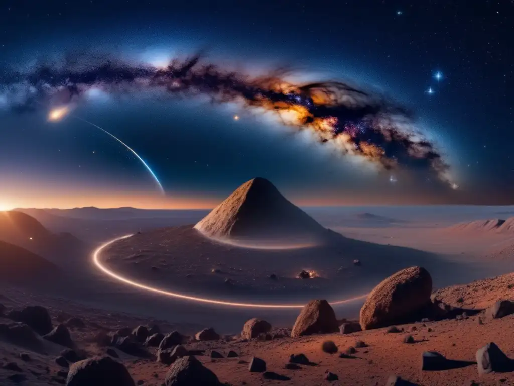 Asteoride en el cielo nocturno Panorama nocturno estelar con asteroide y predicciones retorno asteroides famosos