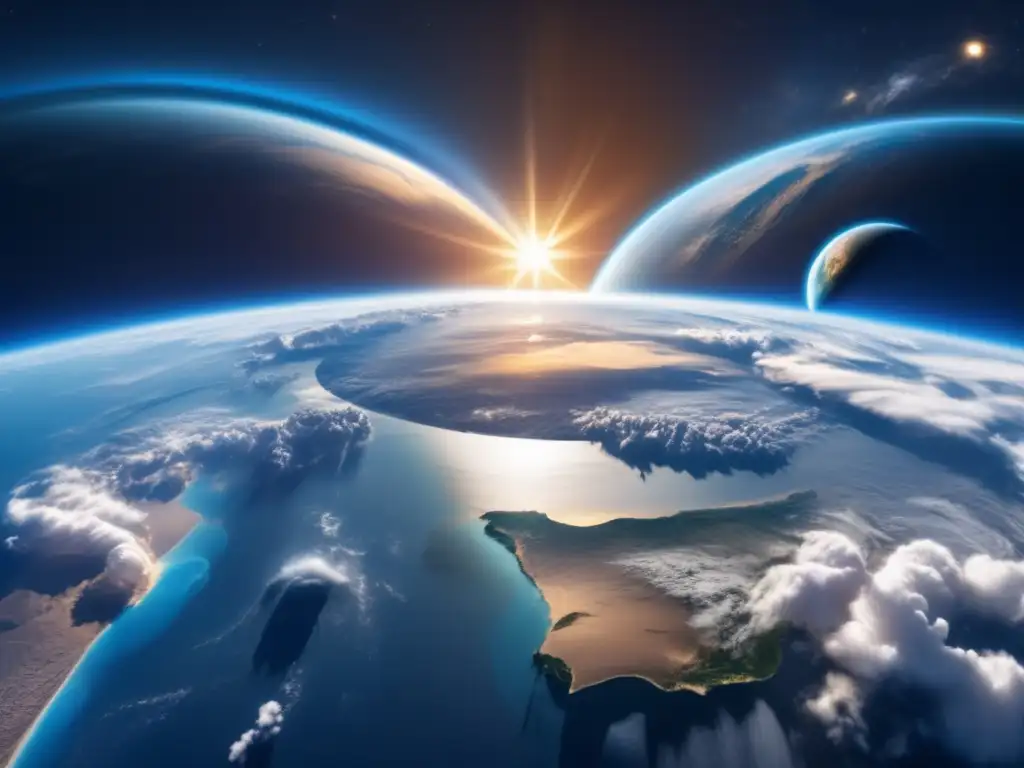 Fragilidad de la Tierra, urgencia de protección Panorama de la Tierra desde el espacio, resaltando la fragilidad del planeta y la importancia del estudio de asteroides para defensa planetaria