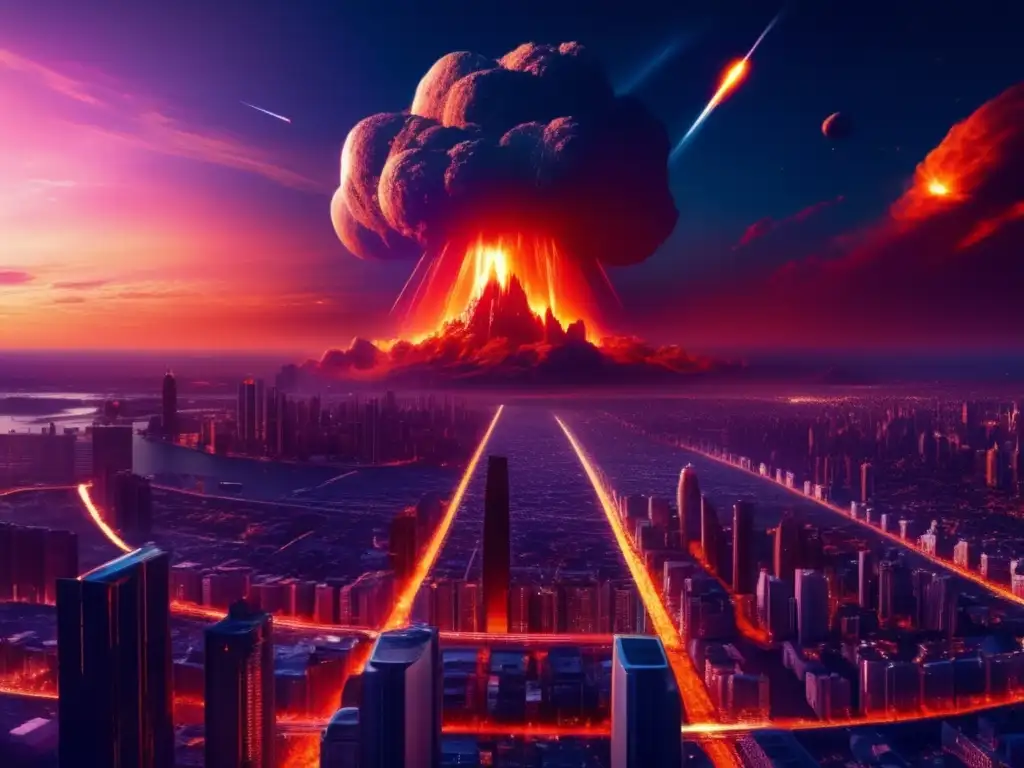 Peligro inminente: asteroide impactando ciudad Panorama urbano al atardecer con modernos rascacielos e iluminadas calles, mientras un asteroide en llamas se acerca a la Tierra