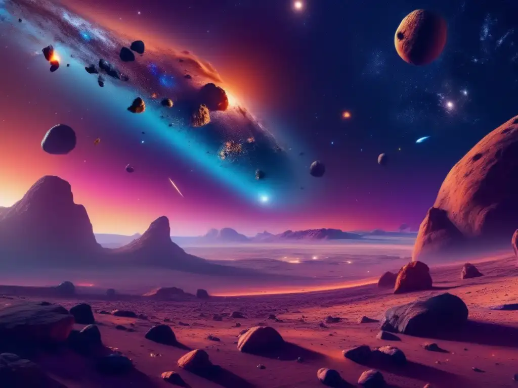 Una panorámica cósmica de alta resolución con asteroides, nebulosa y galaxia espiral