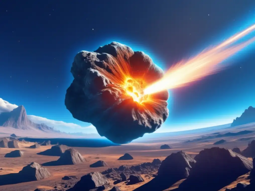Asteroide masivo en ruta a la Tierra Peligro: Asteroides amenazantes en el cielo azul, escombros ardientes tras ellos