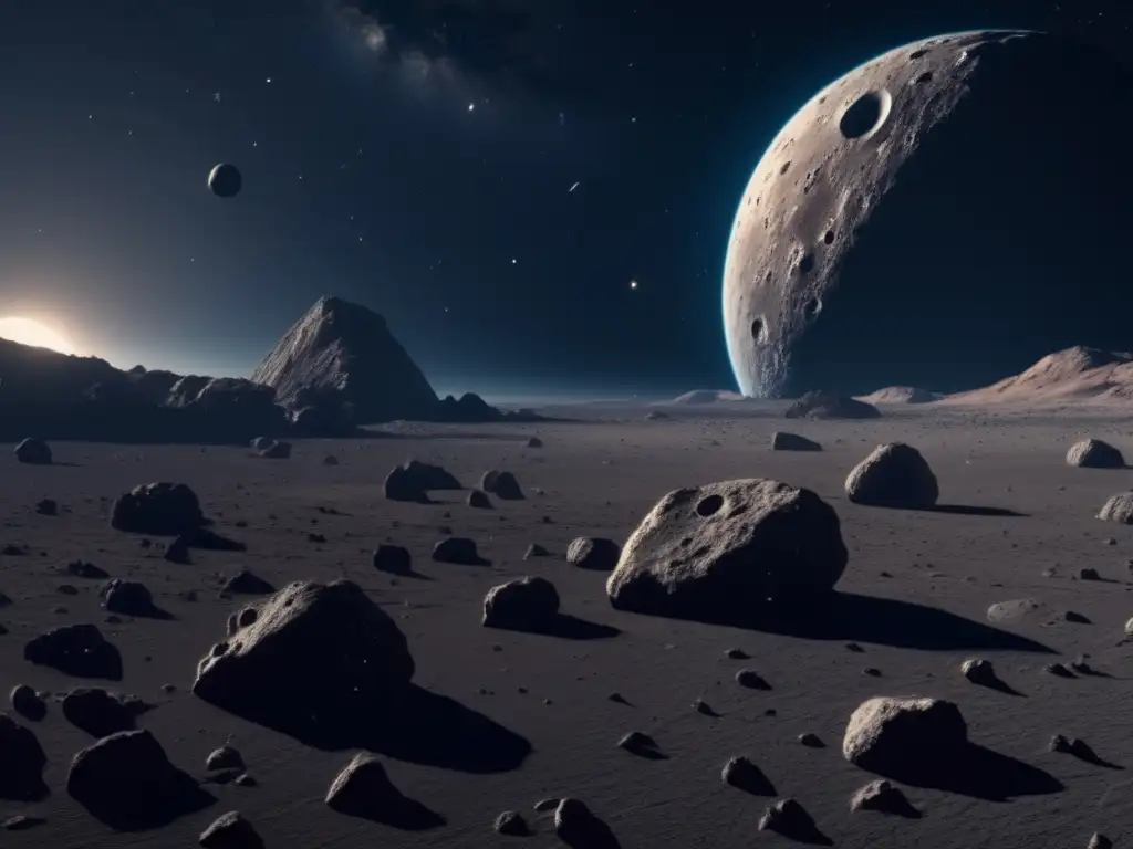 Impresionante imagen de asteroides en el espacio Peligro asteroides atmósfera terrestre: Imagen asombrosa de un campo de asteroides en el espacio, resaltando la belleza y peligro de estos objetos