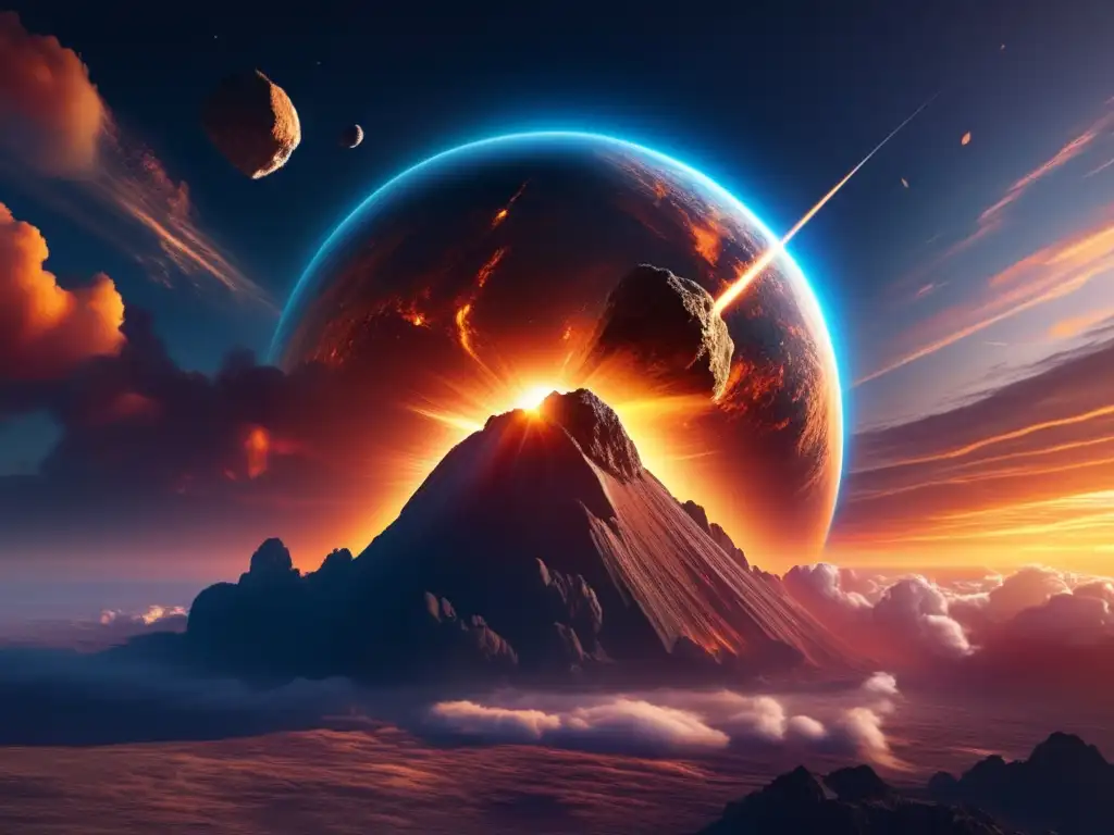 Asteroide en el cielo terrestre Peligro asteroides atmósfera terrestre, imagen impactante del sol poniéndose y asteroide en llamas