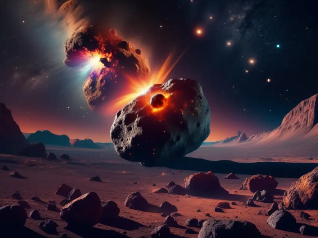Asteroide gigante en el espacio Peligro de los asteroides en la Tierra - Vista impactante de un asteroide masivo con rocas y cráteres, rodeado de una nebulosa vibrante