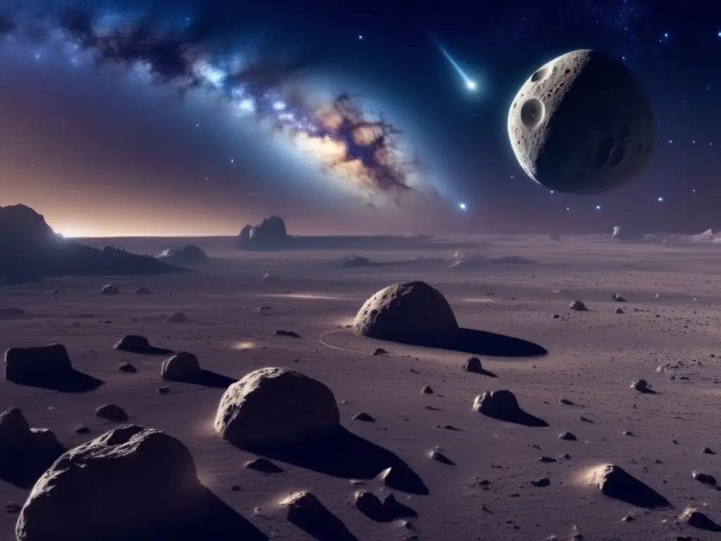 Asteroida iluminada por estrellas Peligro asteroides: vasto espacio estelar con asteroide iluminado, texturas y peligro