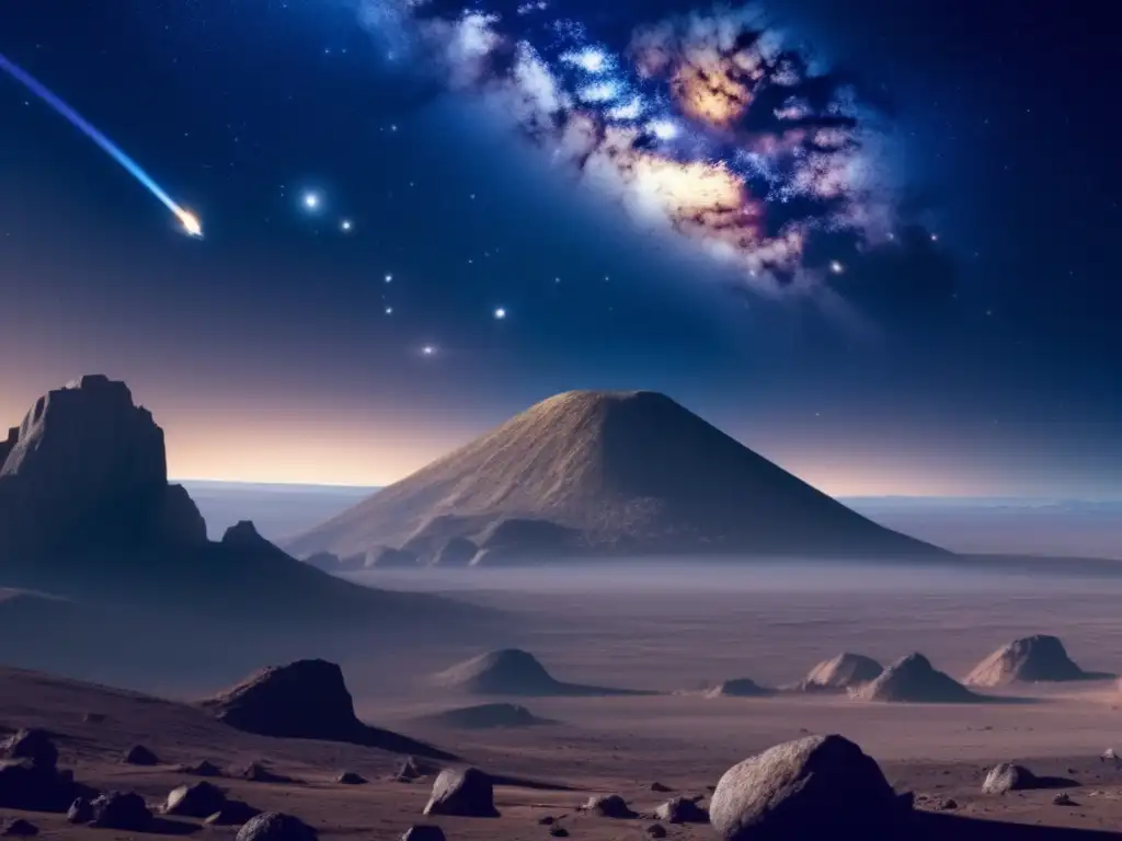 Asteroide gigante flotando en espacio Peligrosos encuentros de asteroides troyanos en una galaxia estrellada donde un asteroide masivo destaca