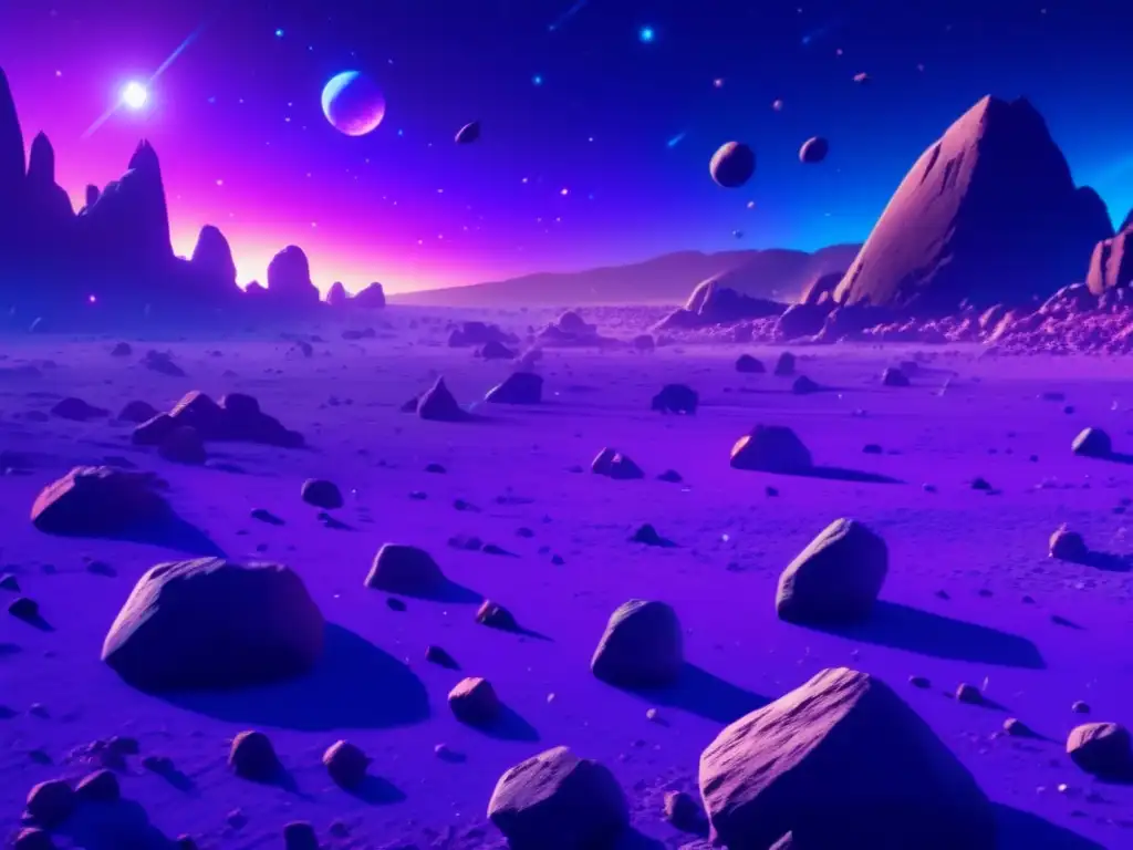 Asteroid field: peligro y misterio Peligrosos encuentros de asteroides troyanos en el espacio: escena de asteroides dispersos, colisiones cósmicas y nave espacial