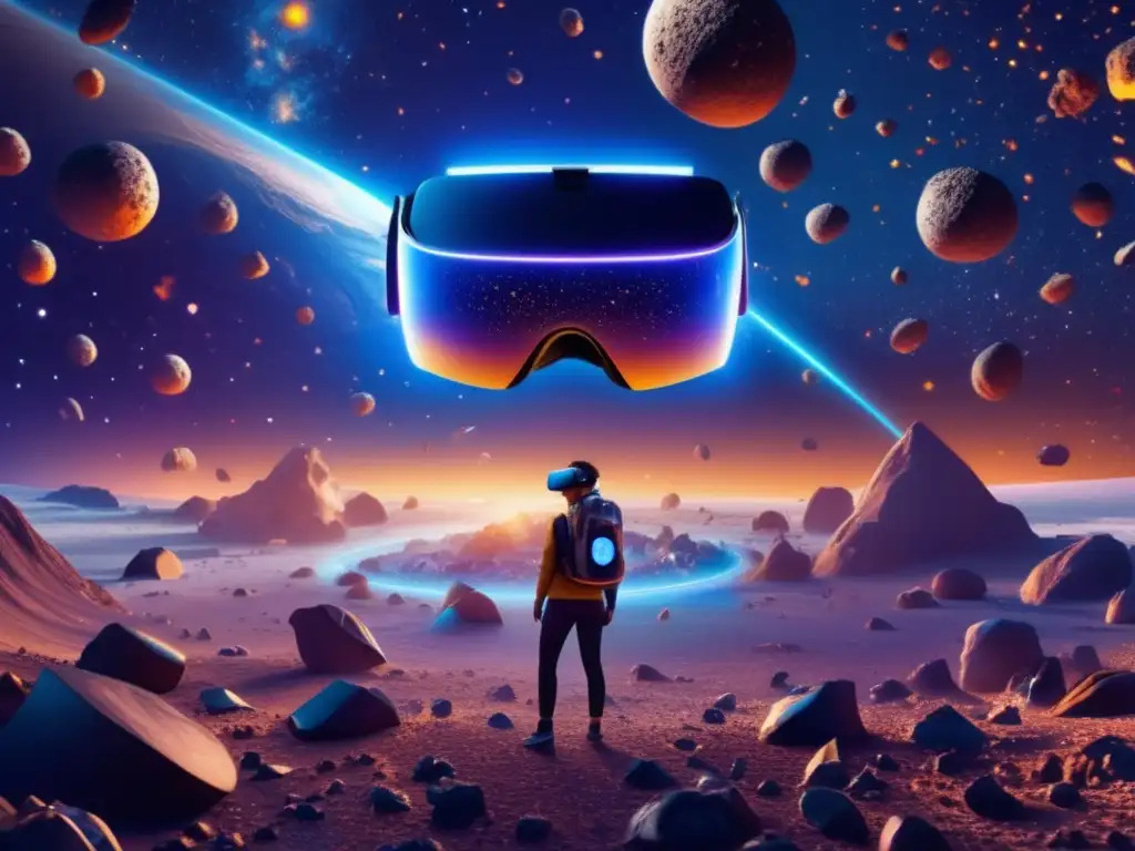 Persona inmersa en realidad virtual en campo de asteroides cósmicos Persona inmersa en experiencia virtual asteroides cósmicos
