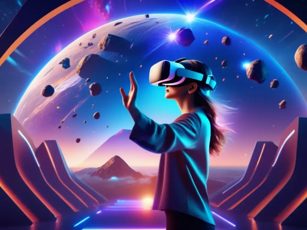 Persona explorando asteroides en realidad virtual Persona explorando realidad virtual en entorno de asteroides: Divulgación Científica