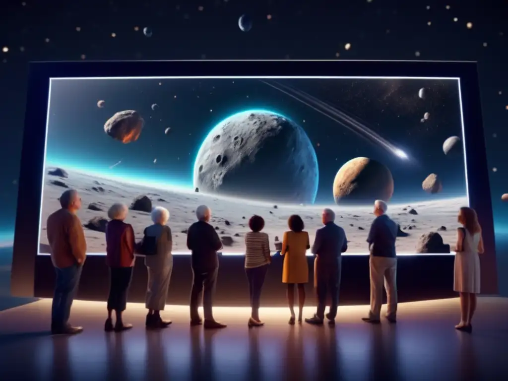 Personas diversas fascinadas por imagen de asteroide en pantalla digital, promoviendo la comunicación en medios sociales asteroides