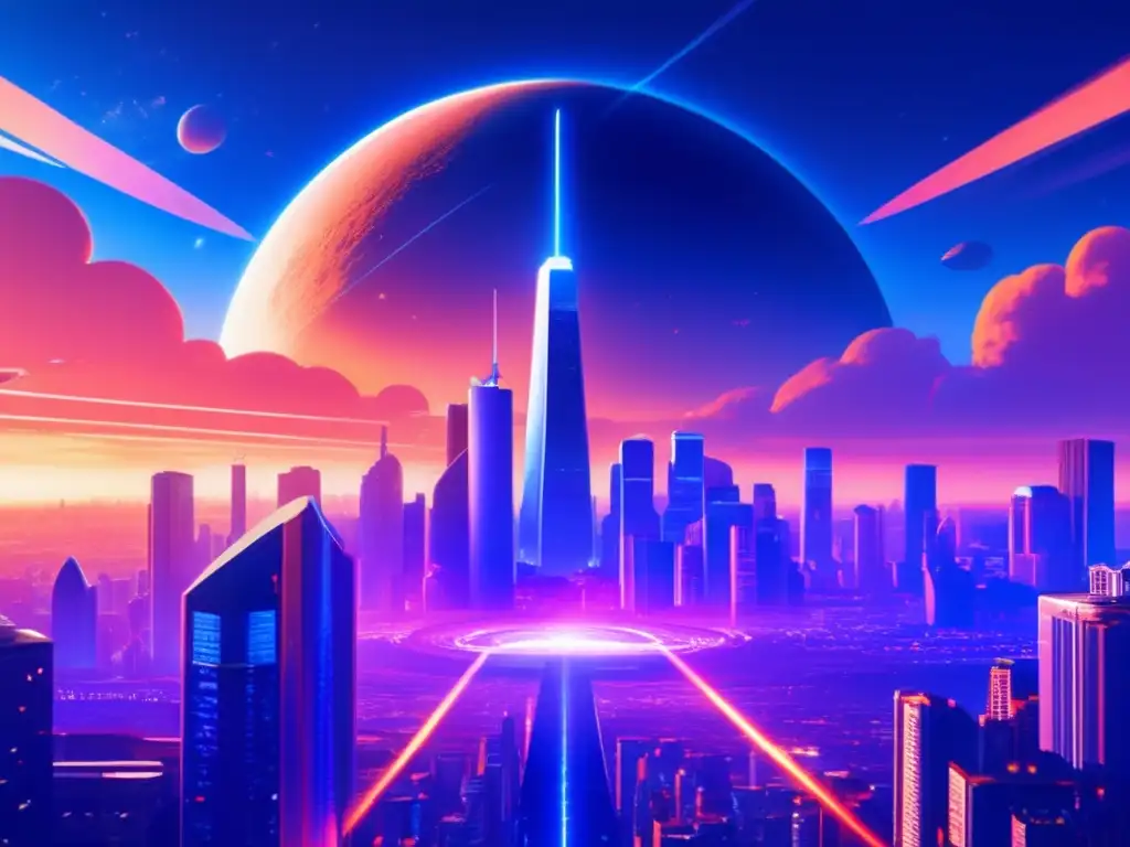 Planes de emergencia contra NEO catastrófico en una futurista ciudad protegida por un escudo energético, con asteroides en curso