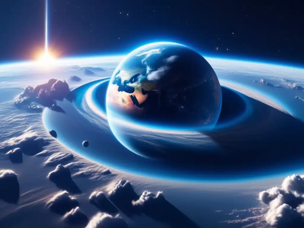Planeta Tierra en peligro Planeta Tierra azul sereno en el espacio, con asteroide acercándose