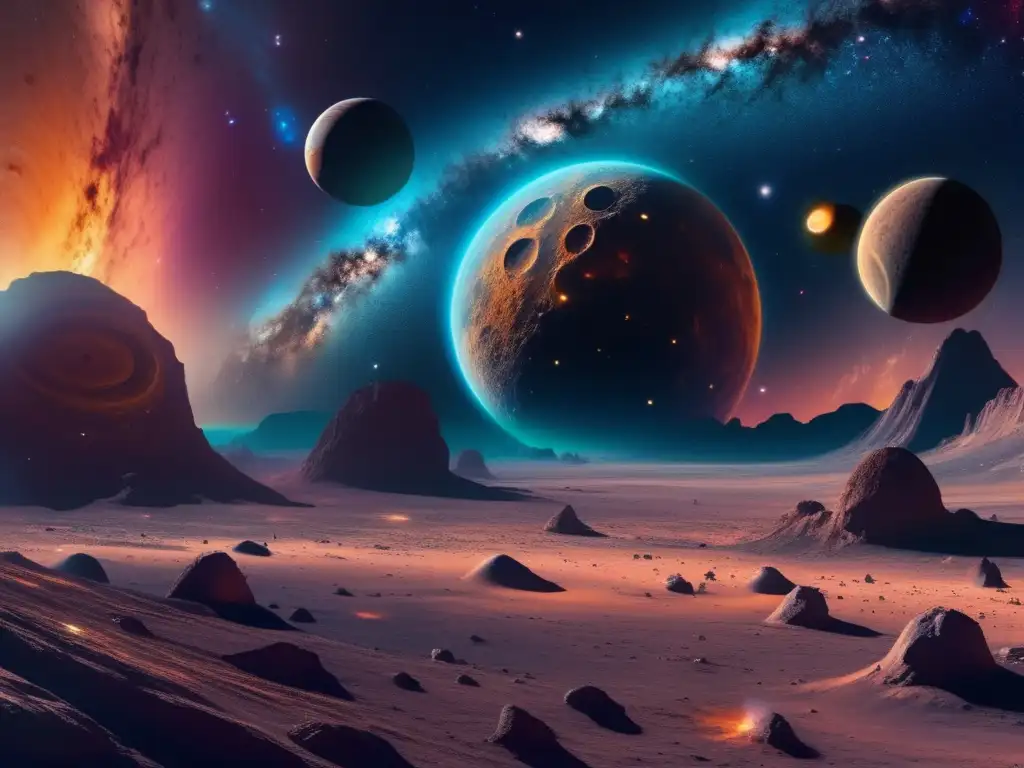 Vastness of space: asteroid, nebula, gas giant, stars Formación de planetas con asteroides en el vasto cosmos