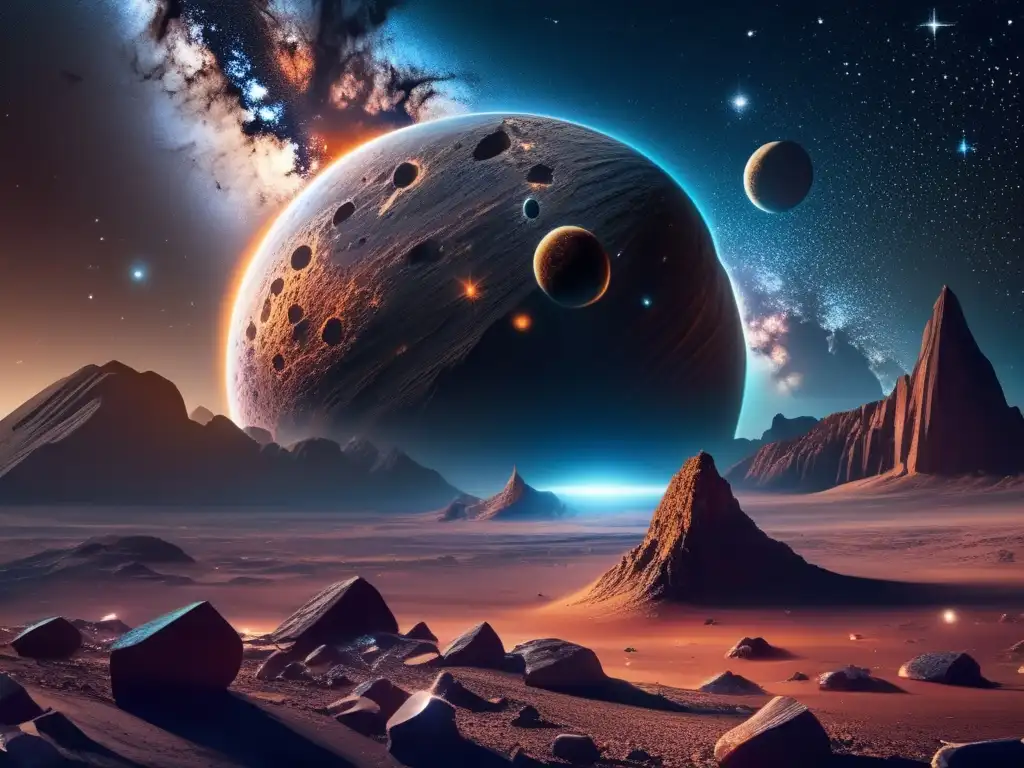 Un fascinante paisaje cósmico lleno de misterio y poder Portada novela espacial: asteroide misterioso y poderoso en paisaje cósmico de alta resolución