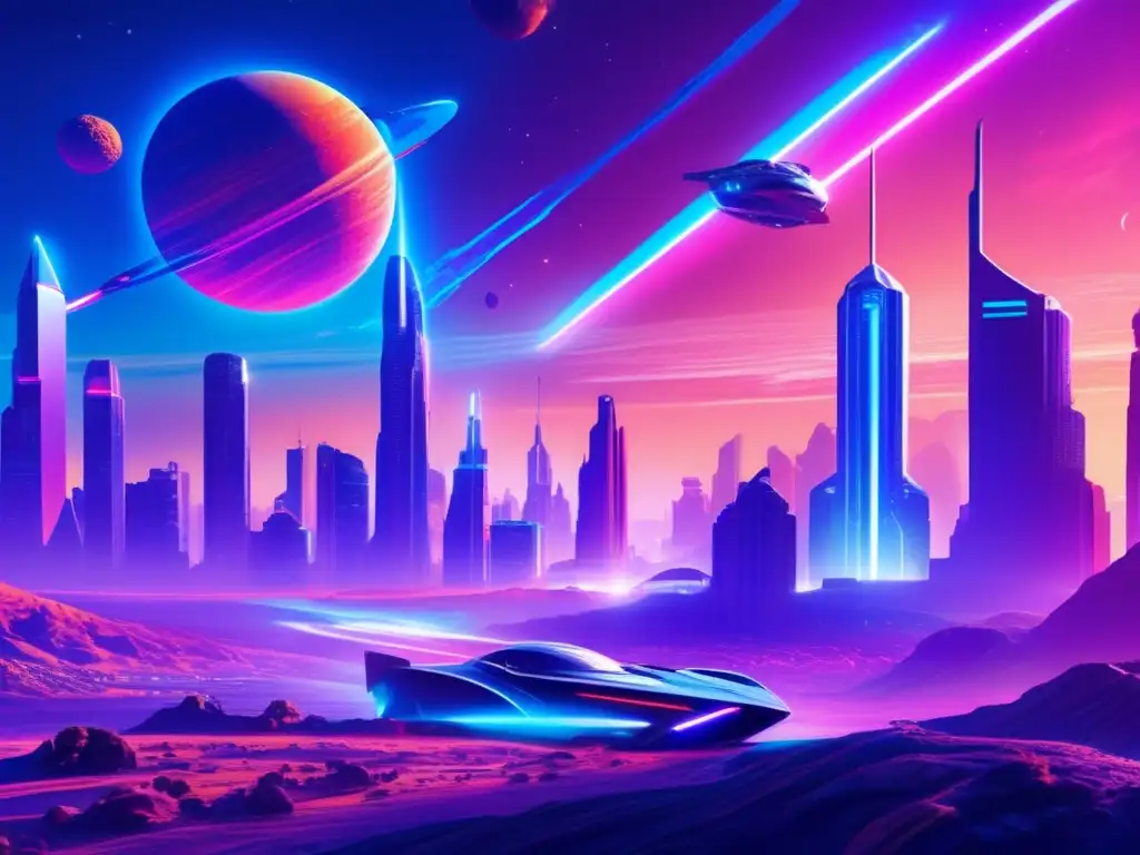 Ciudad futurista en planeta distante Portada de novela espacial con asteroides y una ciudad futurista vibrante