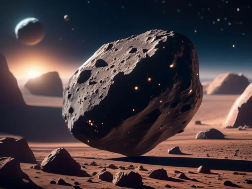 Posibilidad de vida en asteroides pequeños: imagen detallada de un asteroide en el espacio, científicos recolectando muestras