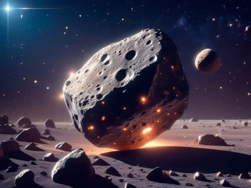 Posibilidad de vida en asteroides pequeños - Imagen de un asteroide oscuro con reflejos metálicos rodeado de estrellas en el espacio