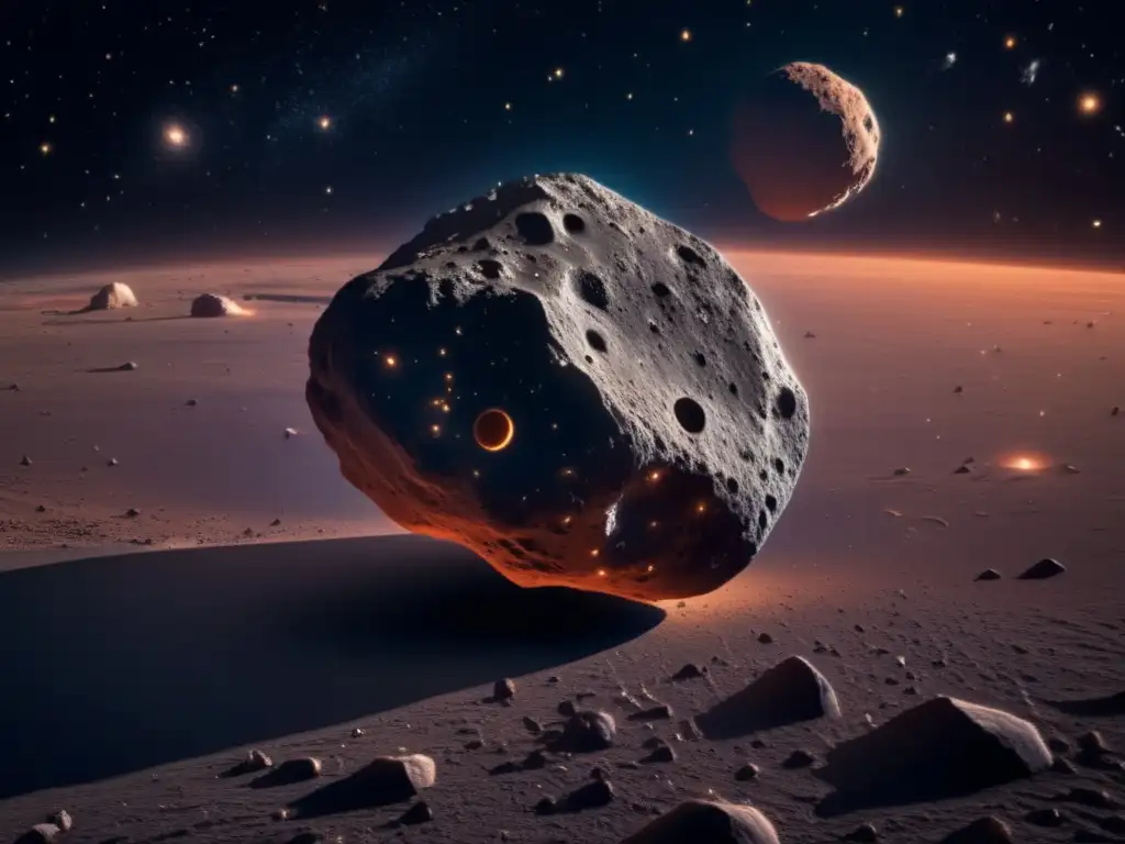 Posibilidad de vida en asteroides pequeños - Detalle de un asteroide rocoso en el espacio, iluminado por estrellas distantes y cubierto de cráteres y regolito