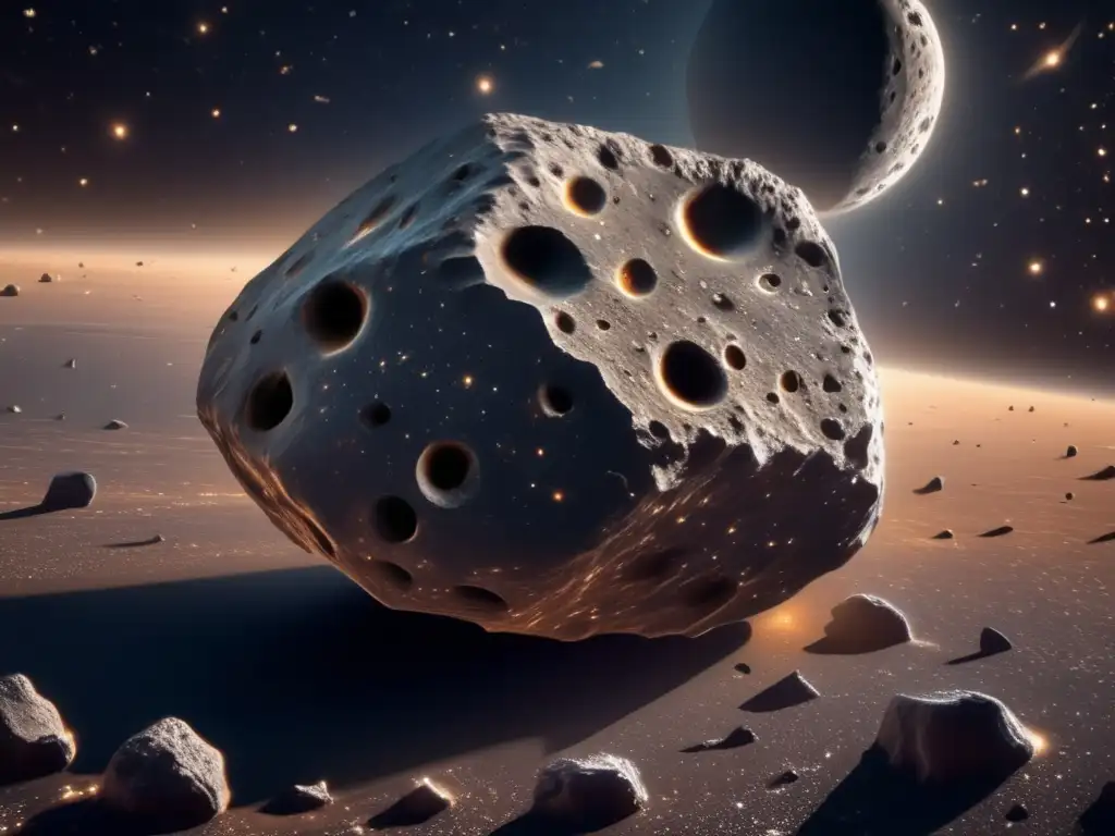 Posibilidad de vida en asteroides pequeños, imagen impresionante de un asteroide irregular en el espacio rodeado de estrellas
