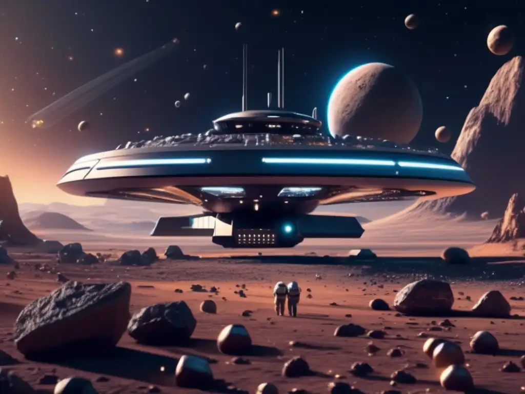 Potencial de asteroides en comunicaciones espaciales: Estación espacial futurista rodeada de asteroides, astronautas y drones mineros