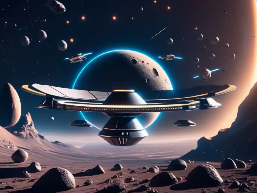 Potencial de los asteroides en comunicaciones espaciales: estación espacial futurista rodeada de asteroides en un escenario impresionante de 8k