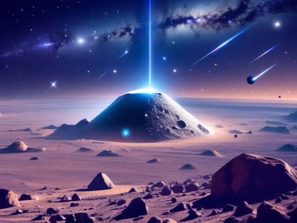 Potencial de asteroides en comunicaciones espaciales: imagen de espacio estelar con asteroide y satélites futuristas
