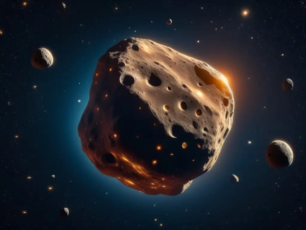 Colosal asteroide en el espacio Potencial de asteroides como recursos: imagen impresionante de un asteroide colosal en el espacio, rodeado de escombros y una nave espacial futurista