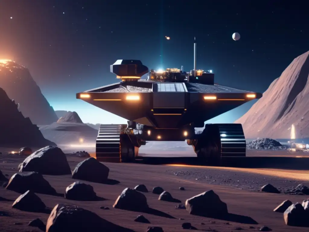Futuro minero espacial en asteroide Potencial de asteroides como recursos en operación minera futurista en un panorama 8k