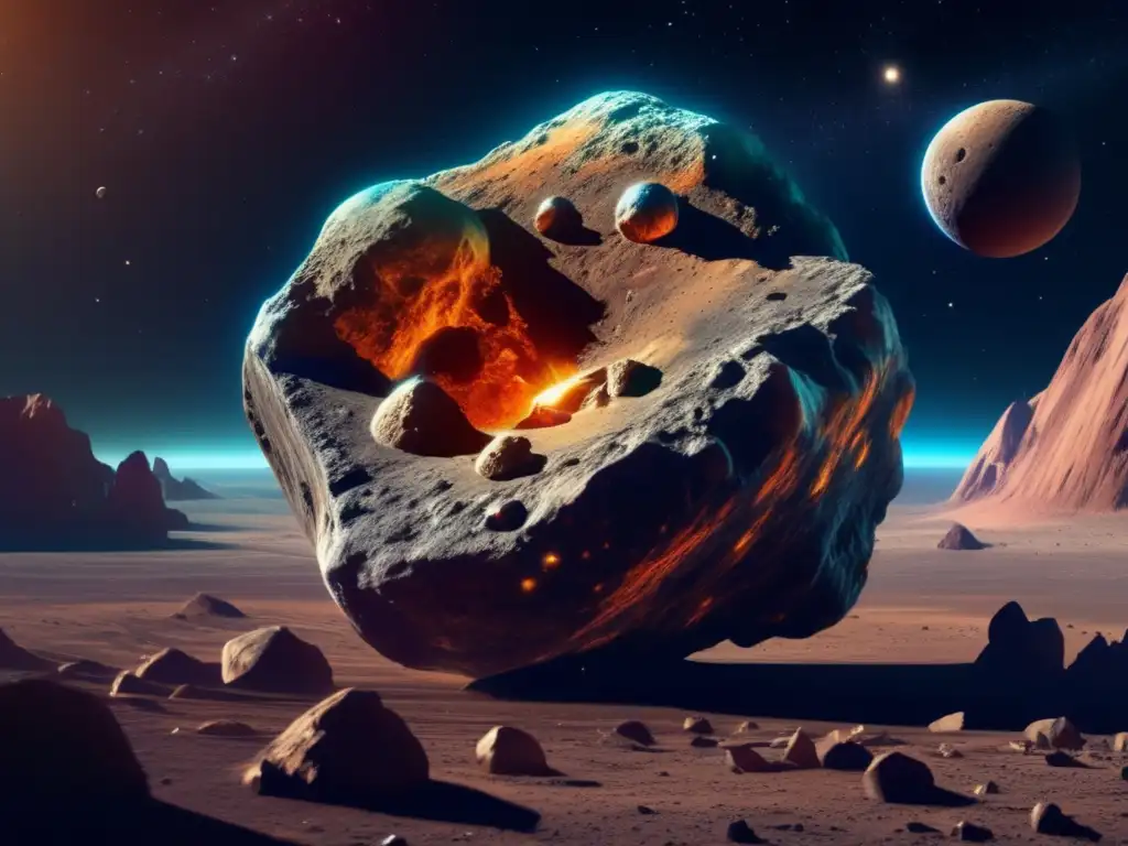 Asteroide mineral rico en detalle (50 caracteres) Potencial económico de los asteroides: Detallada imagen en 8k de un asteroide masivo con minerales, formaciones geológicas y riquezas ocultas