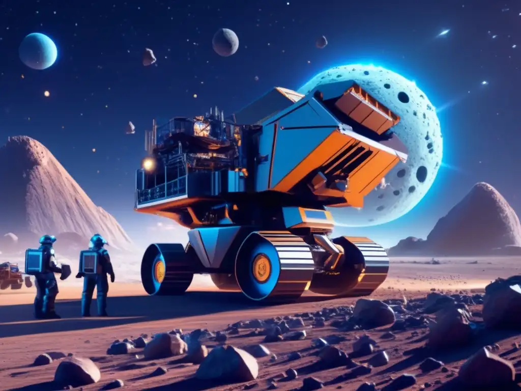 Extracción de minerales en asteroide Potencial económico de los asteroides: imagen detallada de operación minera futurista en asteroide con maquinaria avanzada y minerales valiosos