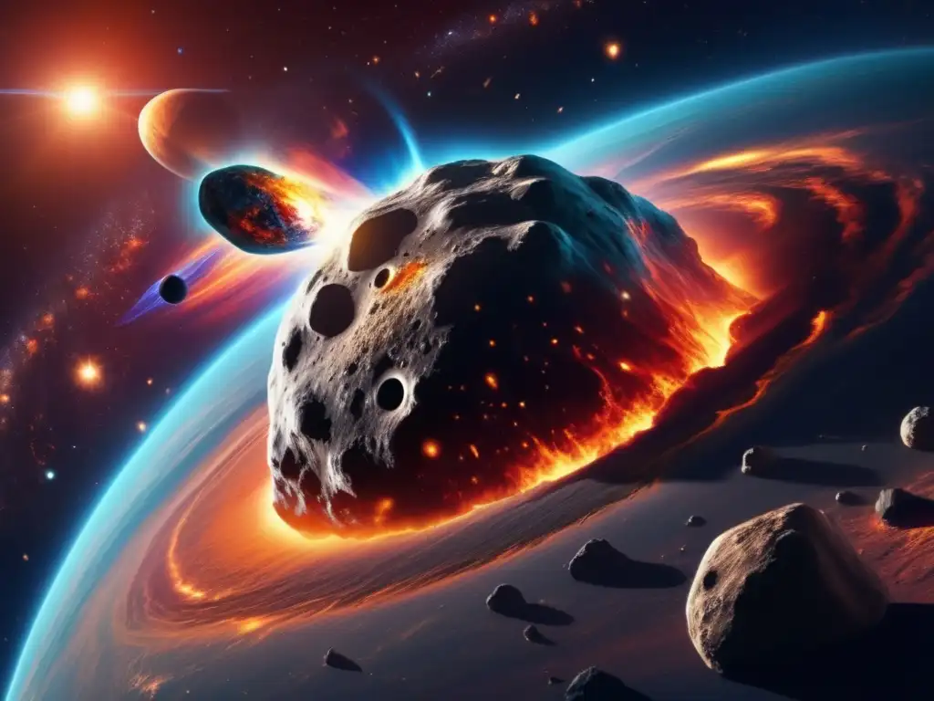 Asteroide amenazante hacia la Tierra Potencial económico de los asteroides: Imagen impactante de un asteroide masivo acercándose a la Tierra, con colores vibrantes y galaxias en el fondo