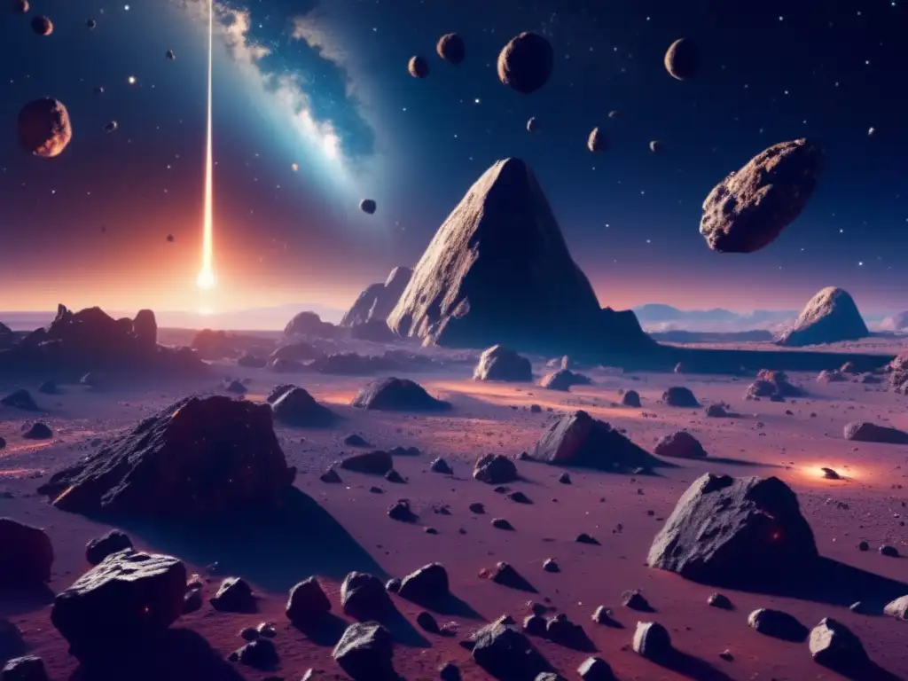 Espectáculo de asteroides en el espacio Potencial económico de los asteroides en un impresionante campo de asteroides 8k ultradetallado, lleno de color y forma
