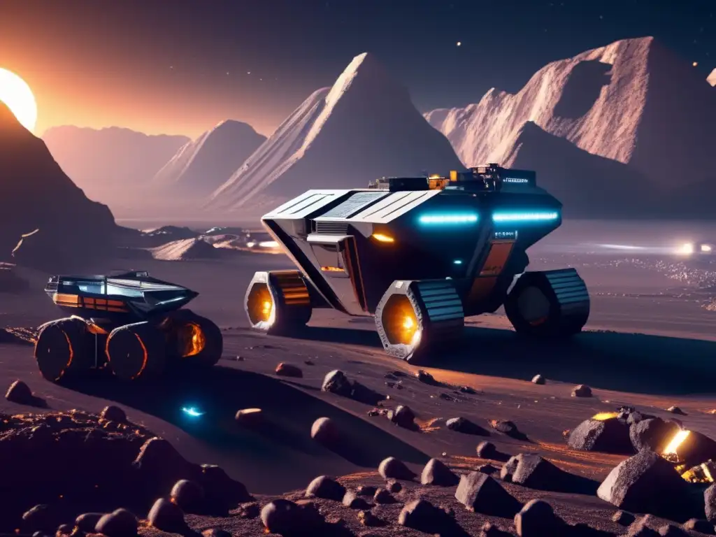 Operación minera espacial futurista en asteroide Potencial económico asteroides silicato era espacial: Operación minera futurista en asteroide, con maquinaria avanzada y recursos valiosos